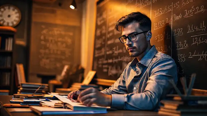 Matemático motivado estudia noche en su oficina