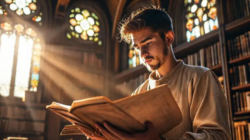 Joven estudia manuscritos en biblioteca tranquila