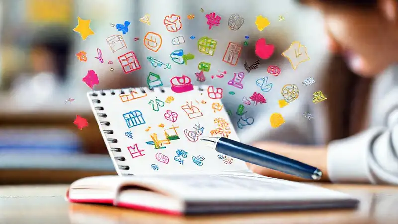 Notas coloridas y símbolos para estudiantes