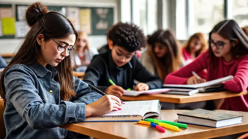 Estudiantes toman notas en aula moderna organizada