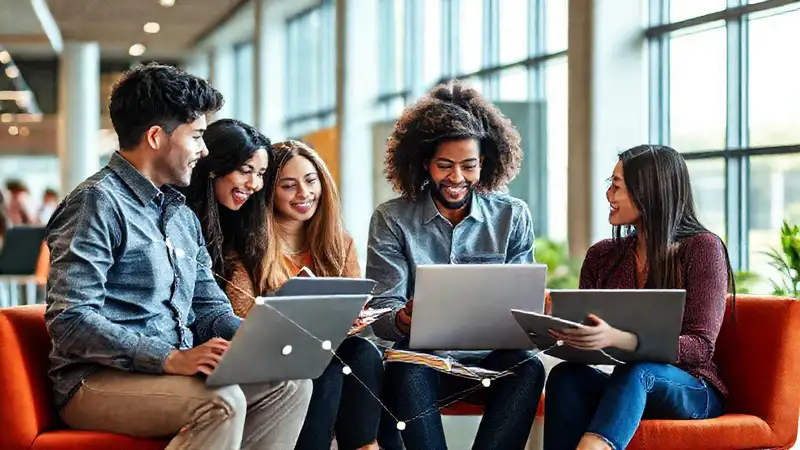 Estudiantes diversos colaborando en ambiente universitario