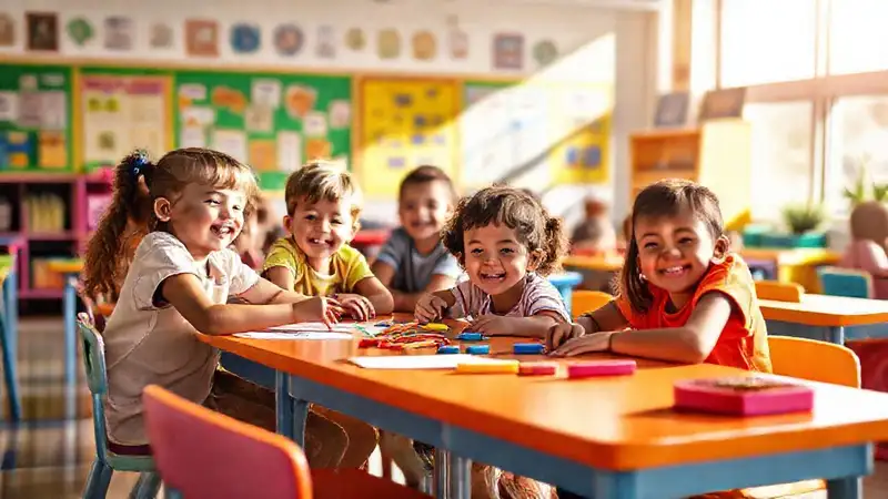 Niños colaborando en aula vibrante y moderna