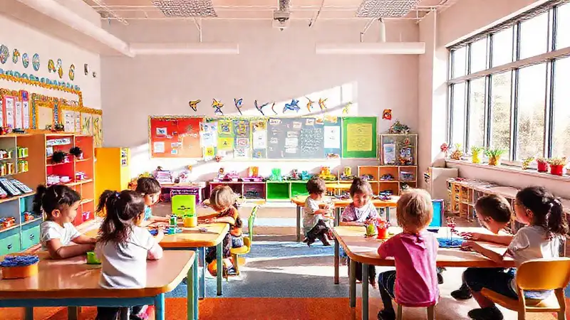 Aula vibrante con niños y herramientas innovadoras