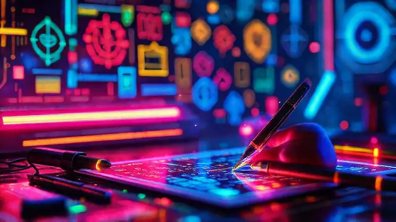 Herramientas digitales futuristas y coloridas para escritura