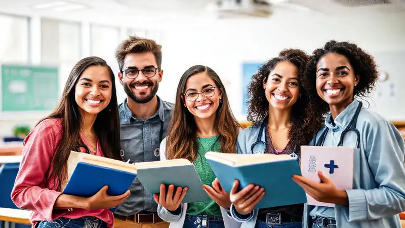 Estudiantes felices en aula moderna y colorida
