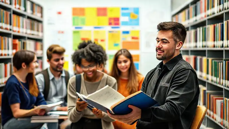 Estudiante de sociología en biblioteca moderna colaborando