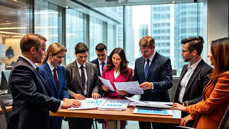 Oficina gubernamental moderna con profesionales colaborando