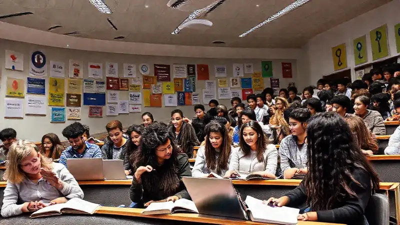 Estudiantes en aula moderna discuten con entusiasmo