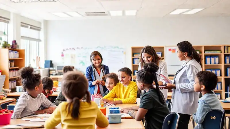 Educadores y estudiantes en un aula inclusiva