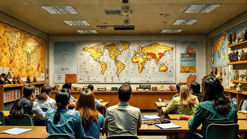 Aula universitaria con discusión y mapas