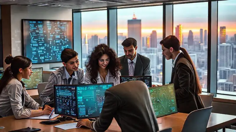 Aula moderna con colaboración y tecnología avanzada