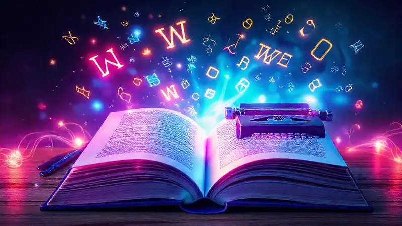 Libro abierto con íconos digitales brillantes