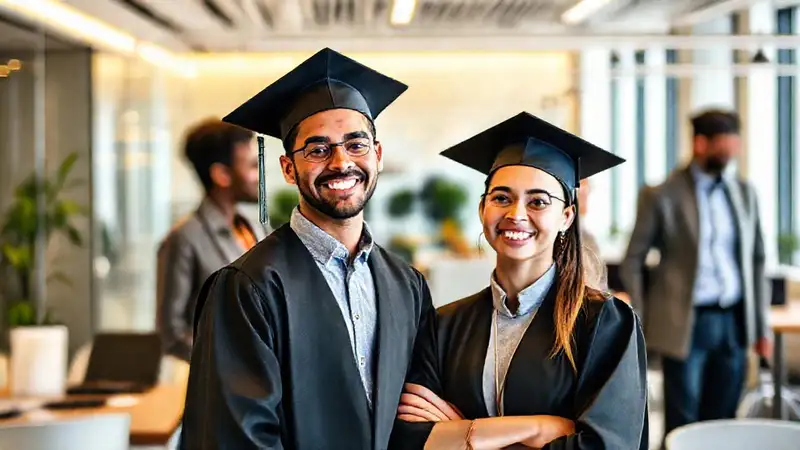 Joven graduado feliz en oficina moderna y motivadora