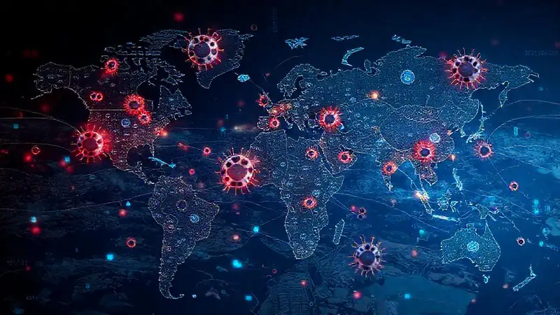 Mapa global con iconos y datos de COVID