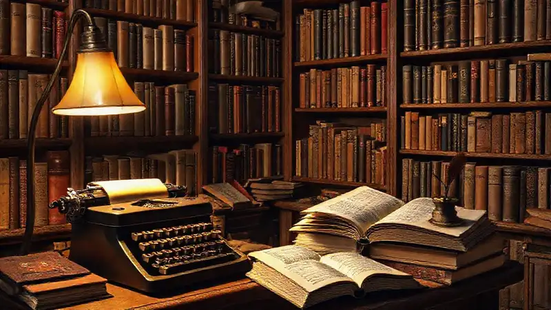 Estudio cálido con libros y máquina de escribir