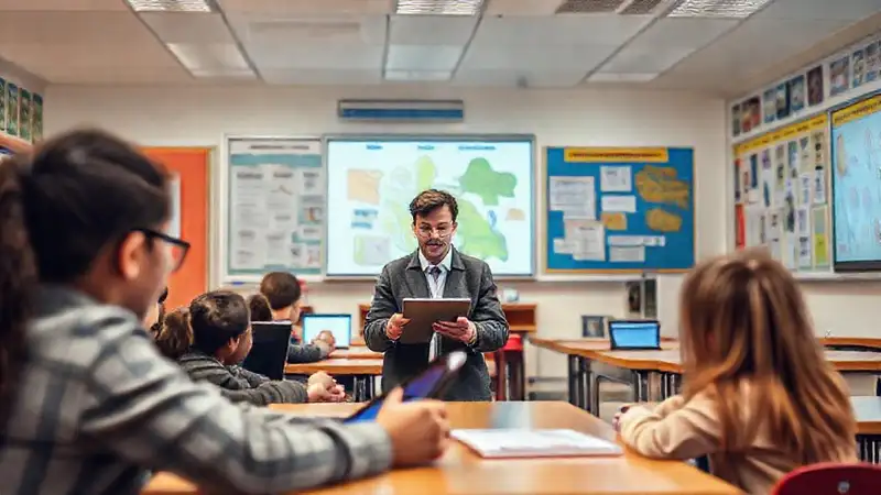 Profesor moderno con tecnología en aula vibrante