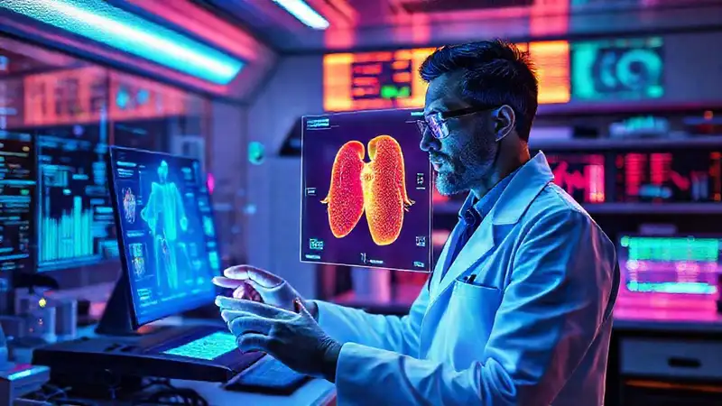 Laboratorio futurista con datos holográficos e innovadores