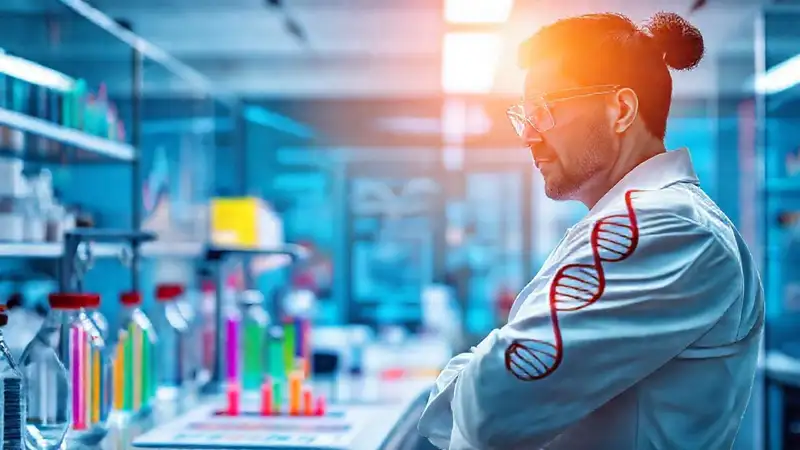 Científico en laboratorio con gráficos y ADN