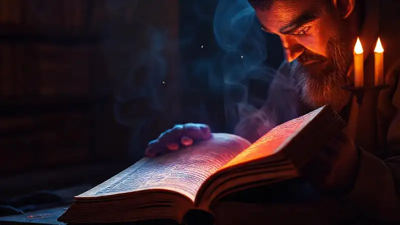 Escudriña antiguo libro con símbolos místicos