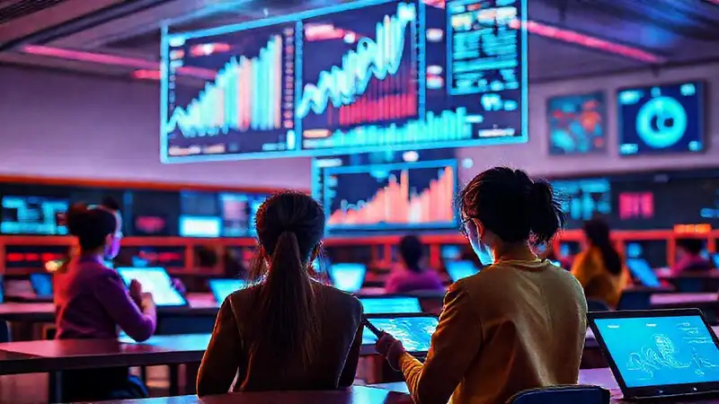 Estudiantes con tablets y gráficos futuristas