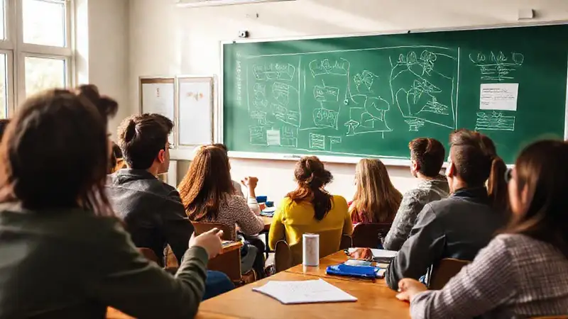 Estudiantes debaten en aula moderna y ecológica