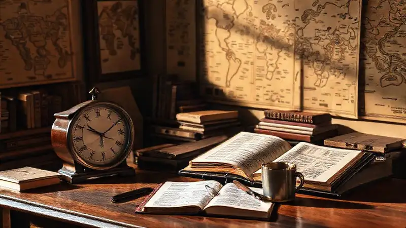 Mesa de estudio con elementos organizados y cálidos