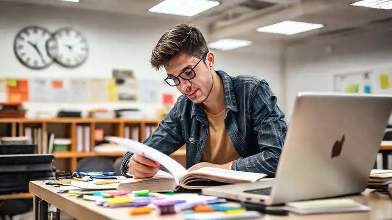 Estudiante estudia en escritorio ordenado y brillante
