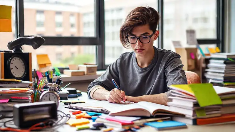 Estudiante concentrado en escritorio ordenado y colorido
