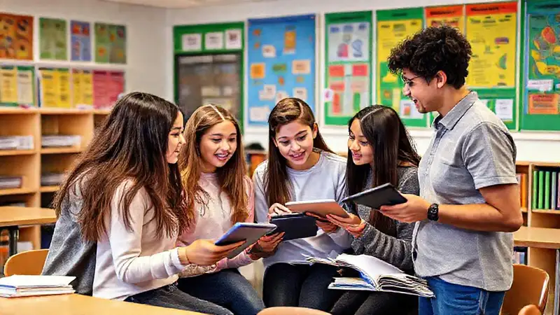 Estudiantes y profesores en aula moderna interactúan