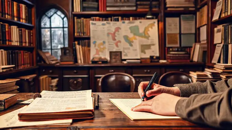 Biblioteca antigua con herramientas lingüísticas y notas