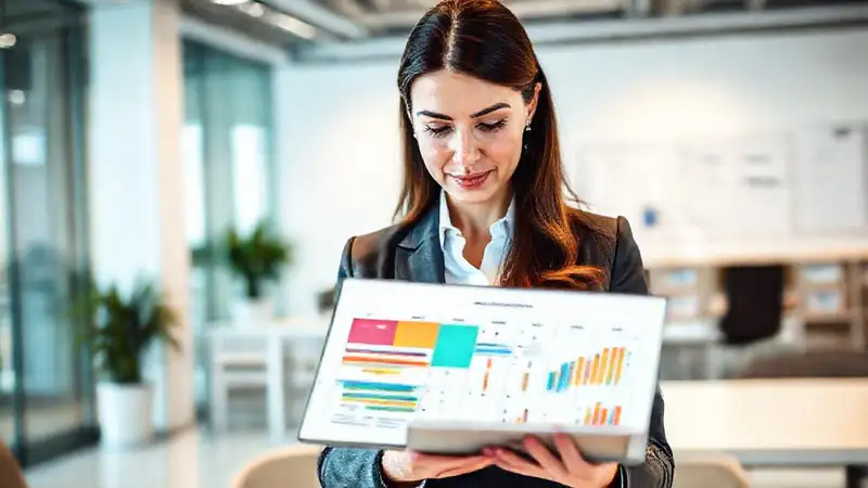 Mujer analizando matriz en oficina moderna