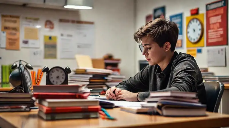 Mesa ordenada con libros, notas y motivación