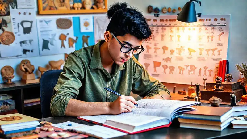 Estudiante de antropología con libros y artefactos