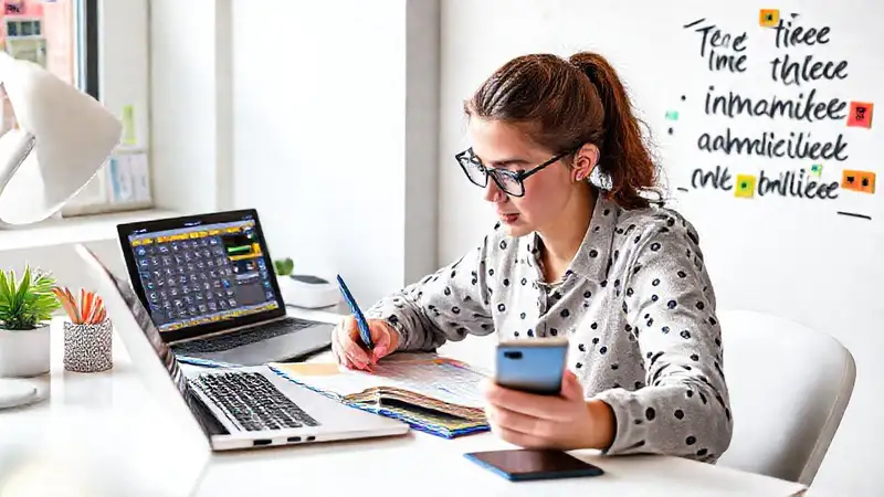 Estudiante organizado usando tecnología y motivación