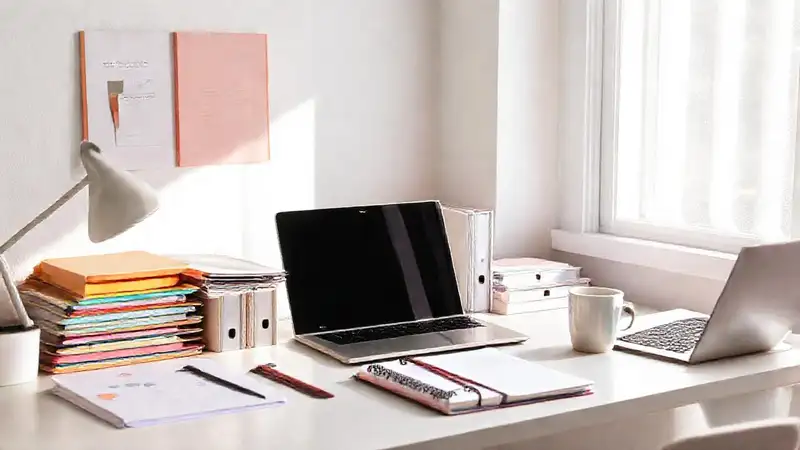 Escritorio ordenado y luminoso con colores suaves