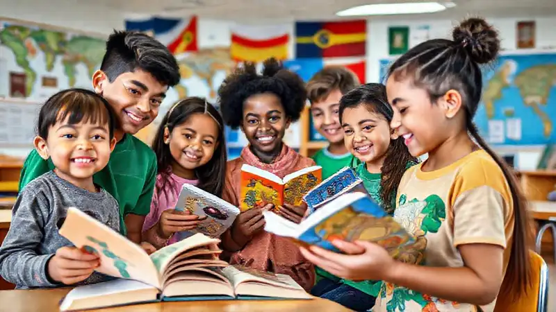 Estudiantes intercambian libros en aula colorida