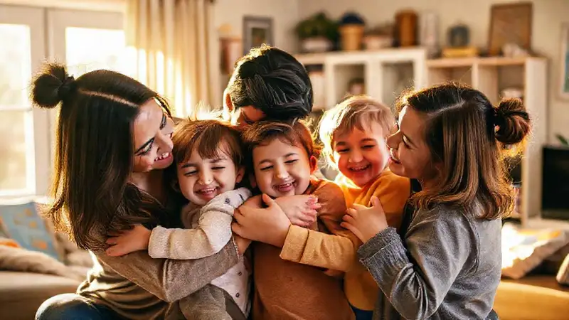 Familia enseña y abraza en hogar cálido