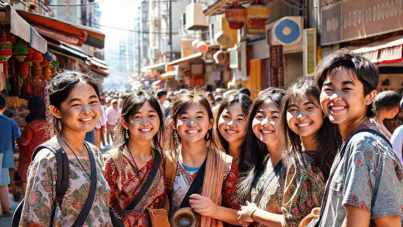 Estudiantes jóvenes en cultura local vibrante