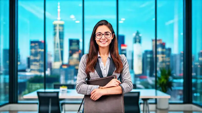 Joven profesional sonriente en oficina moderna