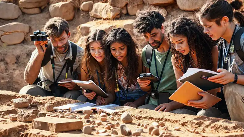 Estudiantes de antropología explorando restos arqueológicos