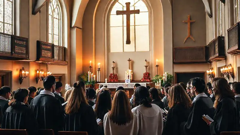 Estudiantes discuten en templo con símbolos religiosos