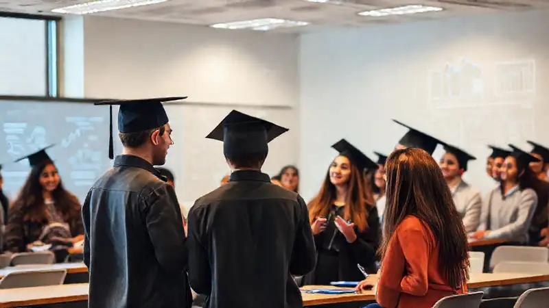 Estudiantes graduados discuten en aula moderna