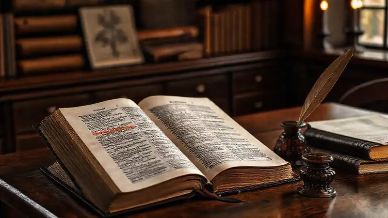 Biblia antigua y notas en un estudio sereno