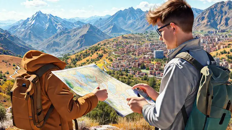Estudiante aprende mapas en diversos paisajes