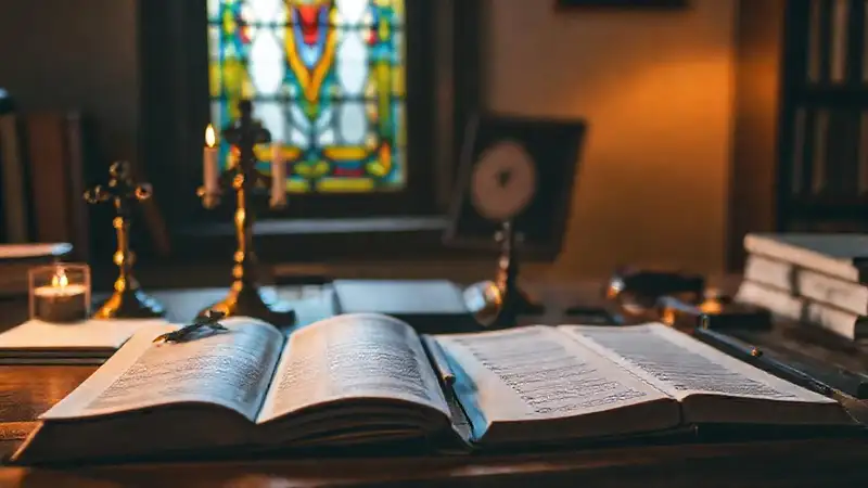 Mesa de estudio con libros y símbolos religiosos