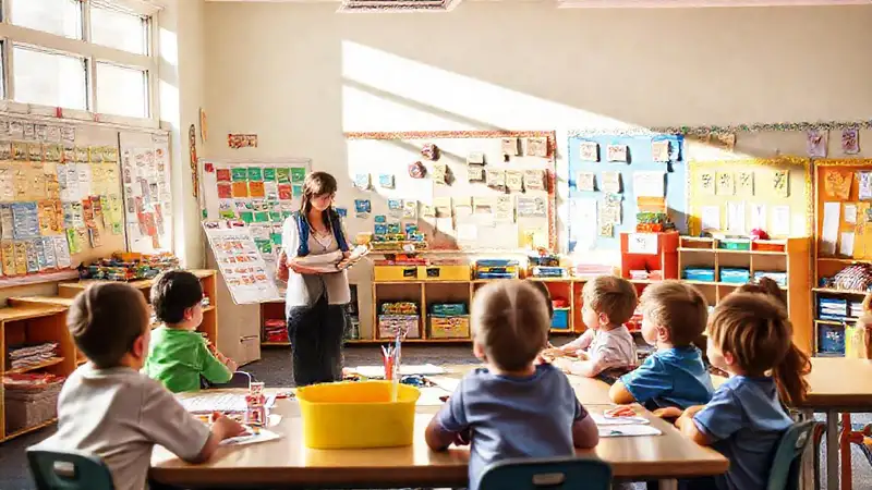 Aula primaria con docentes y estudiantes activos