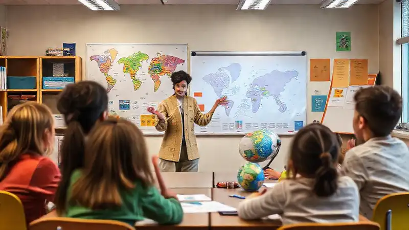 Aula moderna con enseñanza y colaboración vibrantes