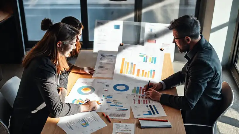 Equipo planificando estrategia con gráficos y documentos
