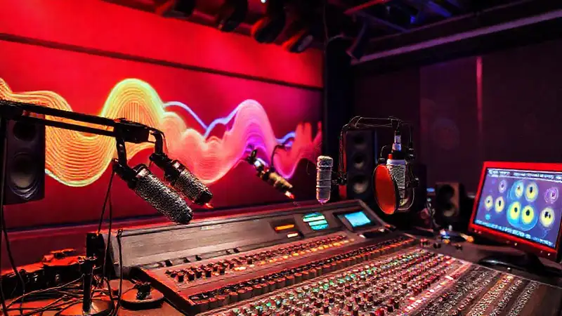 Estudio de radio moderno con equipo vibrante
