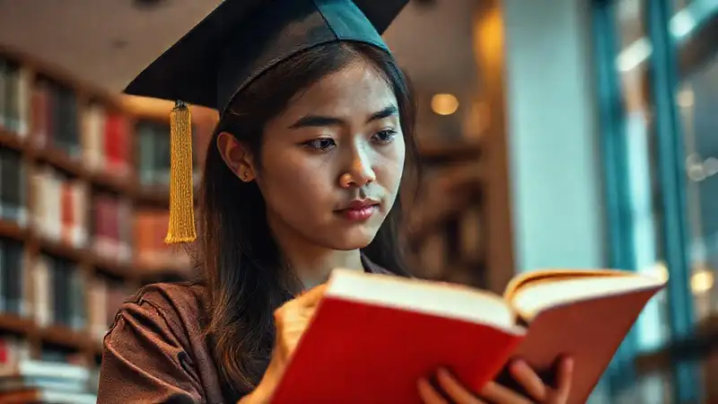 Estudiante leyendo en biblioteca moderna y cálida